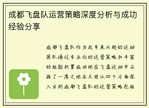 成都飞盘队运营策略深度分析与成功经验分享