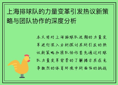 上海排球队的力量变革引发热议新策略与团队协作的深度分析