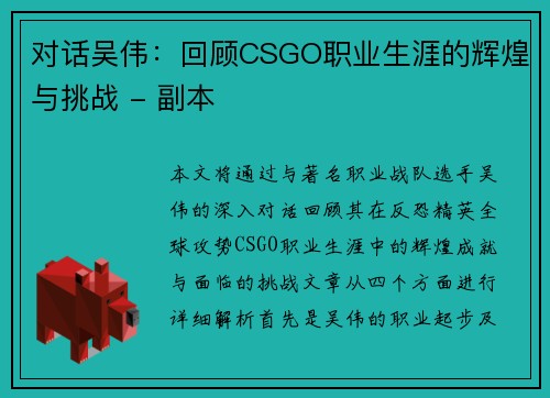 对话吴伟：回顾CSGO职业生涯的辉煌与挑战 - 副本
