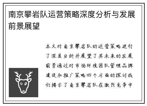 南京攀岩队运营策略深度分析与发展前景展望