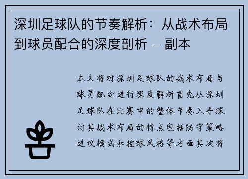深圳足球队的节奏解析：从战术布局到球员配合的深度剖析 - 副本